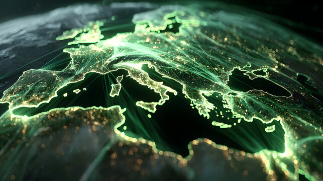 A futuristic green map of the world displayed on a dark background, symbolizing innovation and global connectivity.