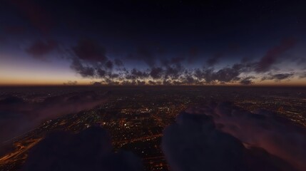 Fototapeta premium Flying over the deep night timelapse clouds with moonlight, seamlessly looped animation, flight through moving cloudscape over city lights