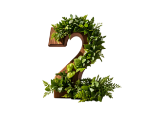 Wooden Number Two Decorated with Lush Green Foliage and Various Greenery Plants isolated on a transparent background