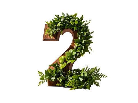 Wooden Number Two Decorated with Lush Green Foliage and Various Greenery Plants isolated on a transparent background