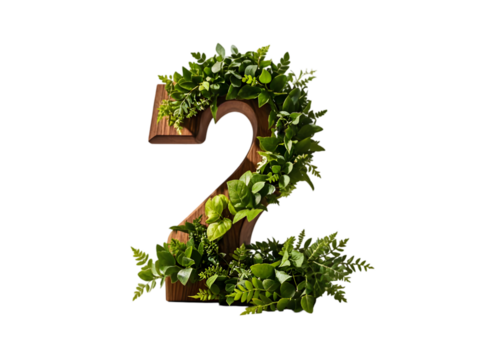 Wooden Number Two Decorated with Lush Green Foliage and Various Greenery Plants isolated on a transparent background