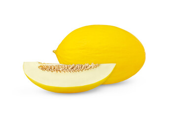 Yellow melon and slice with seeds isolated. Honeydew melon cut out. Not AI, real retouched photo.