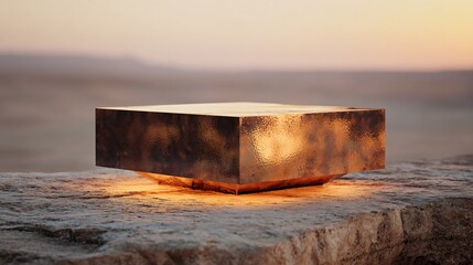 Front view of copper podium on sandstone at twilight. Earthy luxury display. Copy space. Generative AI