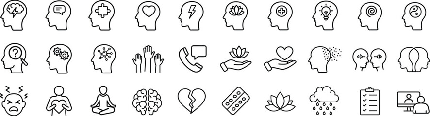 Mental Health and Wellbeing Line Icons Set. Contains such icons as Anxiety, Care, Depression, Emotional Stress, Healthcare, Medicine, Human Brain, Loneliness, Psychotherapy, Sadness, Support, Therapy.