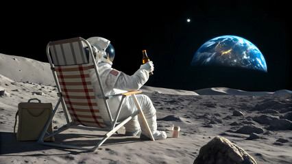 Astronaut relaxing on moon with beer earth view space exploration lunar surface travel vacation astronautics