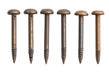 Six rusty metal screws isolated on transparent background