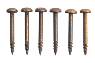 Six rusty metal screws isolated on transparent background