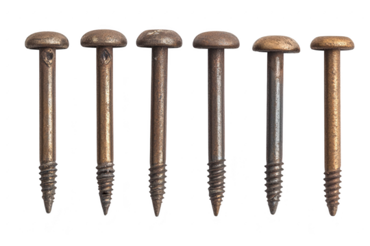 Six rusty metal screws isolated on transparent background