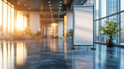 Modern office interior with blank roll-up banner in front of glass-walled