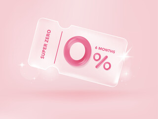 Zero percentage credit and Discount coupon online purchases. Transparency Tag label, banner with Pink Percentage isolated. 3d rendering.	