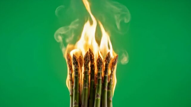 Flaming Asparagus on Green Screen - A bunch of asparagus spears are engulfed in flames against a vibrant green background. Smoke rises from the burning tips, creating a dramatic and surreal visual.