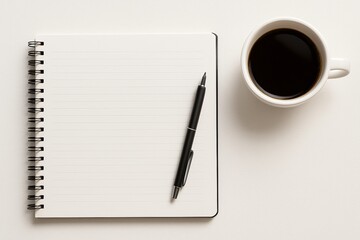 Open notebook with pen and black coffee on a clean desk.