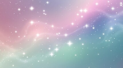 Obraz premium A celestial-inspired gradient background that transitions smoothly from soft pink to periwinkle blue and mint green. Tiny, glowing stars and subtle nebula-like mist create a cosmic yet elegant ambianc