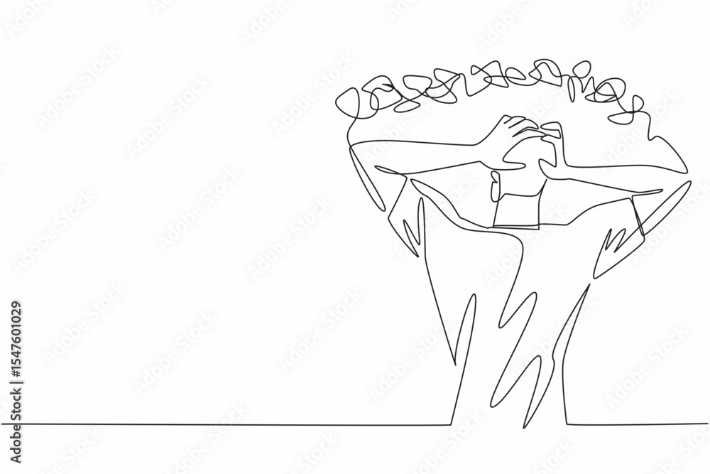 Poster single continuous line drawing man holding head with both hands and a rope tangled around head. ment