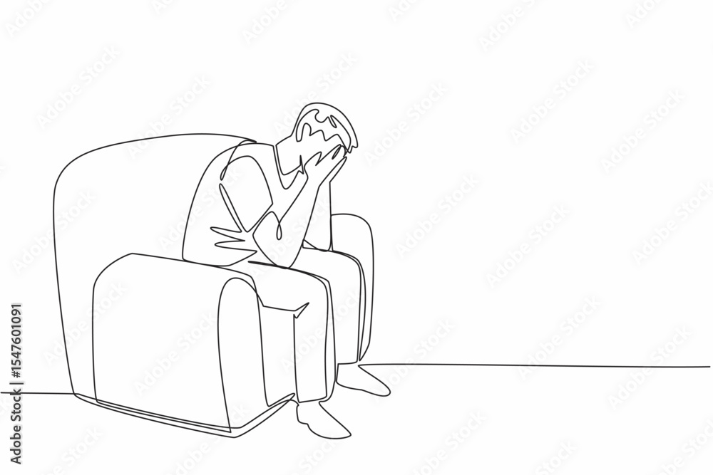 Poster single one line drawing a man sitting on a single sofa covering face with both palms. tests of life 