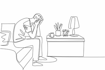 Single one line drawing man sit on edge of bed covering face with both hands. Frustration carries over to home. Insomnia. National Anxiety Screening Day. Continuous line design graphic illustration