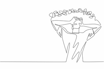 Single continuous line drawing man holding head with both hands and a rope tangled around head. Mentally exhausted. Endless pain. National Anxiety Screening Day. One line design vector illustration