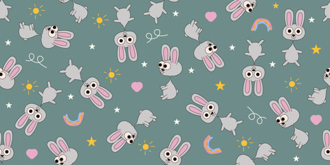 Baby room wallpaper print design. Vector seamless pattern with funny adorable bunny. Seamless trellis ideal for kids bedroom prints, nursery wall decor, fabric, textile art. EPS 10