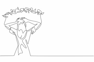Single one line drawing woman holding head with both hands and a rope tangled around head. Many disturbing thoughts. Stress. National Anxiety Screening Day. Continuous line design graphic illustration