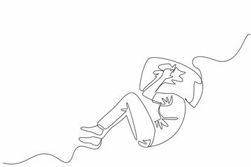 Continuous one line drawing woman lying curled up on the bed with head covered by pillow. Stress. Want to scream out loud. National Anxiety Screening Day. Single line draw design vector illustration