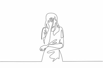 Single one line drawing woman crosses one arm in front of stomach and covers face with other hand. Depression to nausea. National Anxiety Screening Day. Continuous line design graphic illustration