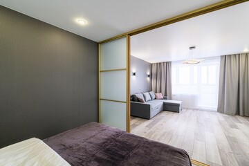 modern apartment featuring a bedroom area divided from the living room by frosted sliding doors with gold frames