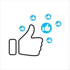 Social media reaction icons: heart, thumbs up, and thumbs down. Flat vector symbols in red and blue circles for feedback, approval, like, dislike, and user interaction in UI design.