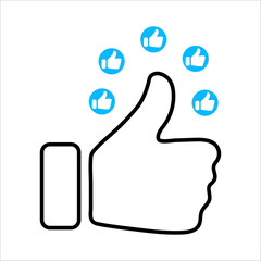Social media reaction icons: heart, thumbs up, and thumbs down. Flat vector symbols in red and blue circles for feedback, approval, like, dislike, and user interaction in UI design.
