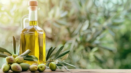 Olive oil in glass bottle, beside olives and leaves, outdoors