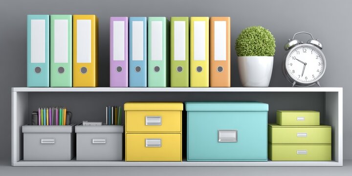 A neat setup with labeled folders, storage bins, and stationery organizer