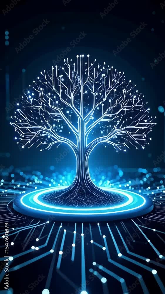 Poster glowing blue digital tree with circuit branches and roots on a platform, surrounded by light particl