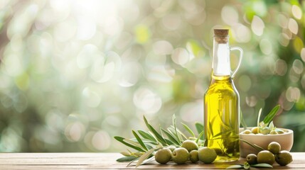 Olive oil in a bottle with olives