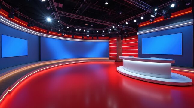 Modern news studio set with red floor and blue walls