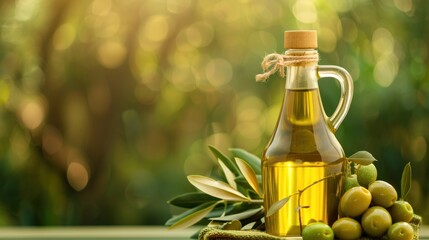 Olive oil in glass bottle, with fresh olives and leaves