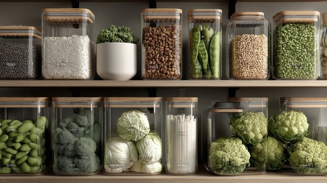 Plant pantry organized with seasonal vegetables for clean eating prep

