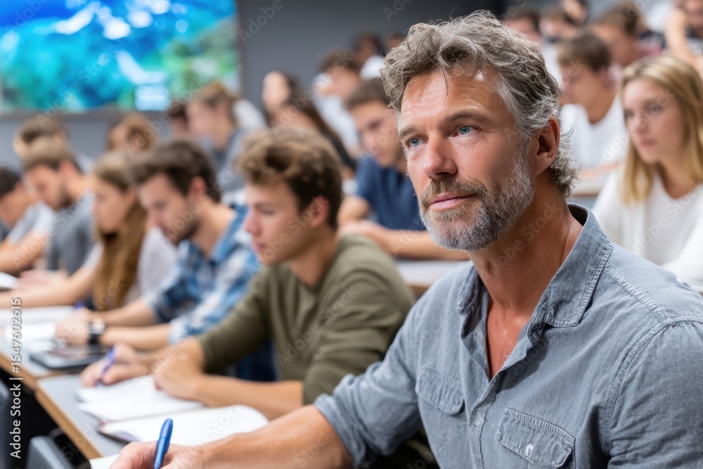 Poster learning environment with engaged adult students in lecture setting during daytime