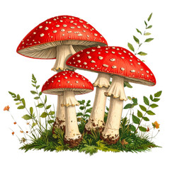 Highly Detailed Hand-Drawn Red Mushrooms in Botanical Style, Isolated on White.