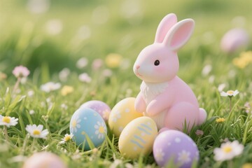 Easter bunny with colorful eggs on grass during spring celebration