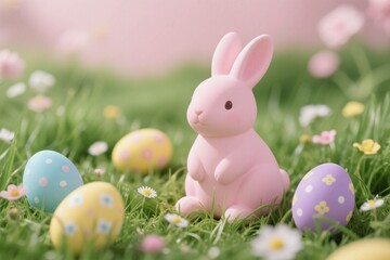 Easter bunny with colorful eggs on grass during spring celebration