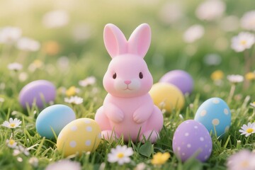 Easter bunny with colorful eggs on grass during spring celebration