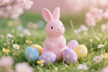 Easter bunny with colorful eggs on grass during spring celebration