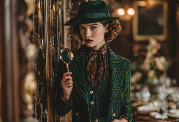 Elegant woman in a detective costume at a murder mystery party