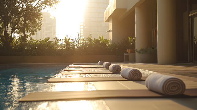 A serene poolside yoga class in progress under the early morning sun (1)