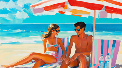 Obraz premium A young couple relaxing under a striped beach umbrella with sunscreen bottles visible in the background (1)