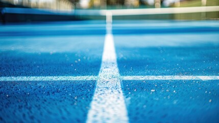 Close-up of a tennis court's center.  Bright blue surface with white lines