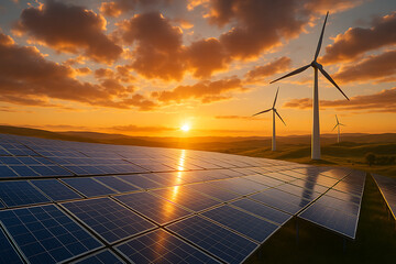 Wind turbine and solar power station under sunset sky, showing clean energy and nature