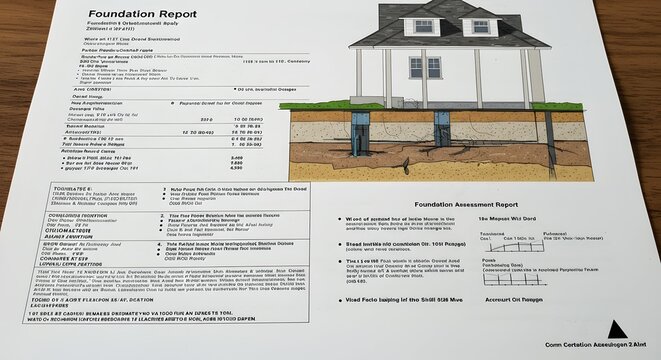 Foundation report document displays a technical structural analysis of a residential house with detailed soil cross sections.