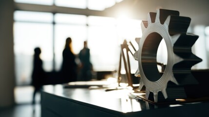Metallic circular gear with evenly spaced teeth on a dark reflective surface, showcasing industrial design in a modern office with large windows, natural light, and blurred figures conversing.