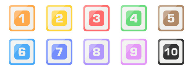 Glossy number bullet points set 1 to 10  colorful square icons for infographics and UI