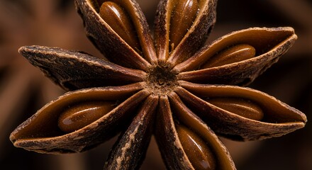 Macro Close-up of Star Anise Seeds, Revealing Intricate Details and Rich Brown Hues